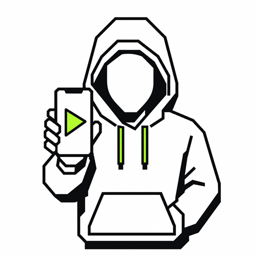 Hooded faceless creator holding a phone with a play button